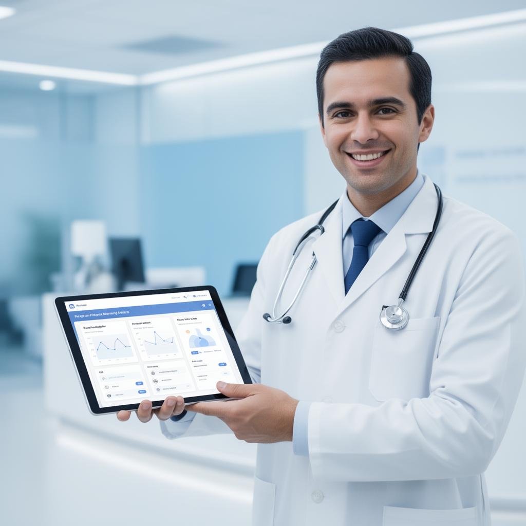 Healthcare professional using a clinic automation dashboard on a tablet